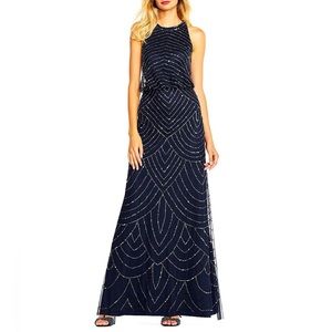 Beaded Halter Neckline Sleeveless Blouson Long Gown